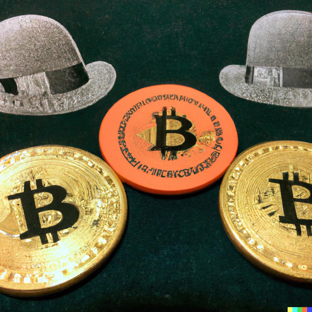 DALL·E prompt: bitcoins playing poker, by Cassius Marcellus Coolidge